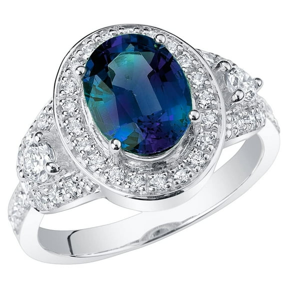 PEORA 3.25 Carats Created Alexandrite Lab Grown Diamonds Vintage Ring in 14K White Gold, Color-Changing Oval Shape, Size 6