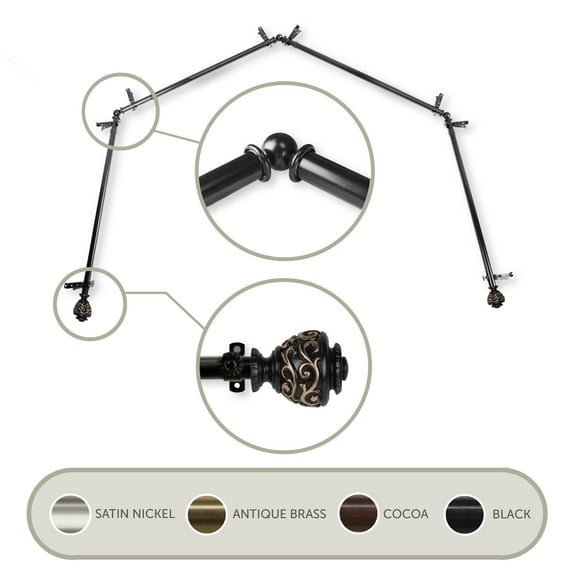 3/4" Dia Adjustable 4 Sided Bay Window Curtain Rod 28 to 48" (each side) in Black with Ingo Finials,(4Bay-89-2)