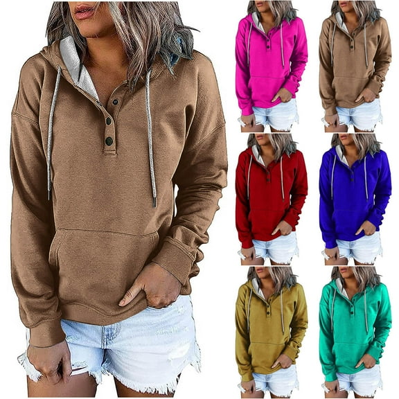 Utoimkio Women's Casual Hoodies Button Collar Pullover Tops Drawstring Long Sleeve Hooded Sweatshirts Relaxed Fit Fall Clothes with Pocket
