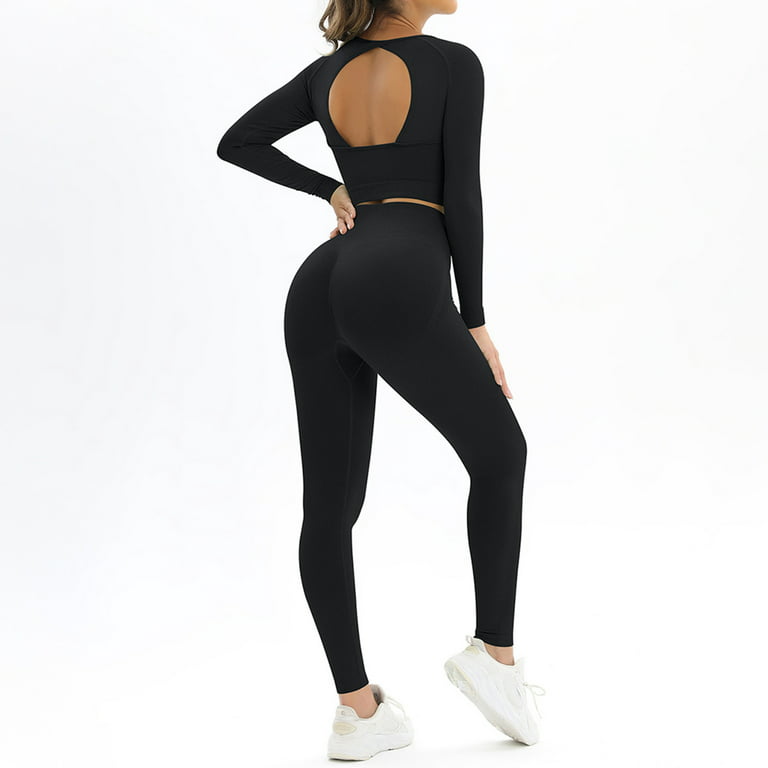 Women's Workout Outfit 2 Pieces Seamless High Waist Yoga Leggings with Long  Sleeve Backless Crop Top Gym Clothes Set