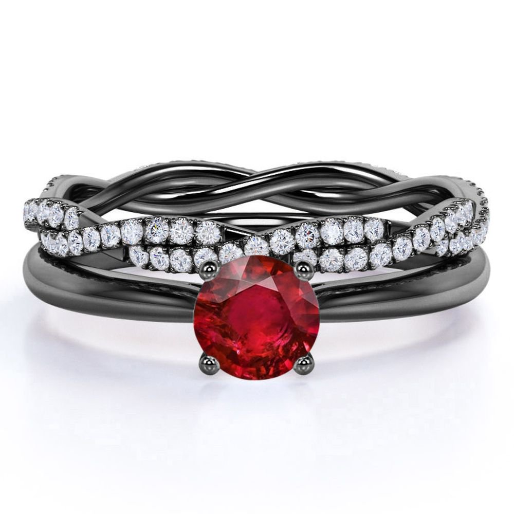JeenMata 1.75 Carat Round Pigeon Blood Lab Created Ruby Wedding Set - Art Deco Bridal Set - 18k Black Gold over Silver