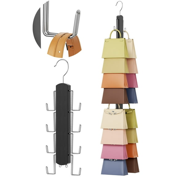 NiHome Wooden Purse Organizer for Closet, 8 Extra-Wide Metal Hooks Handbag Hanger, Space-Saving Hanging Bag Holder & Purse Rack for Closet Organization (Black, 2 Pack)