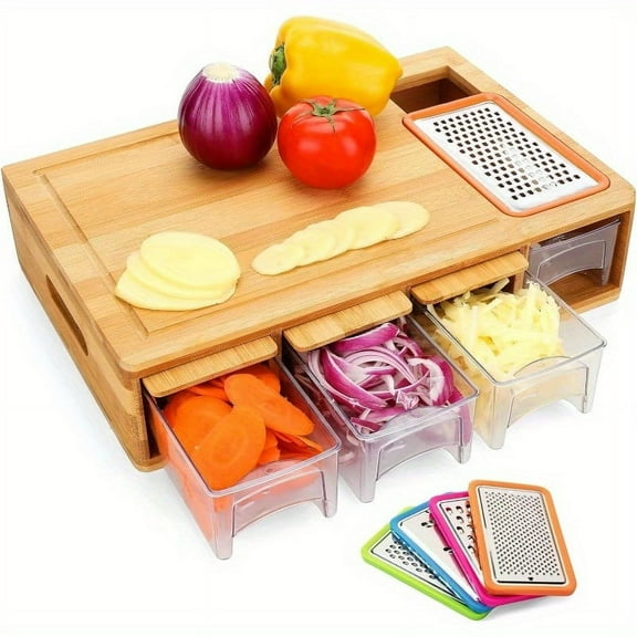 Bamboo Cutting Board with Drawers - Juice Grooves, Easy-Grip Handles - Food Prep & Storage Tray - Great for Apartments & Gifts (Father's Day/Dad)