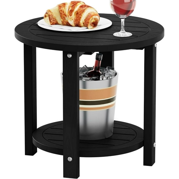 PetFurnishn Outdoor Side Table for Patio: 16in HIPS Small Round Outdoor End Table - 2-Tier Adirondack Tables for Patio Porch Yard Poolside Living Room Beach Bedroom (Black, 1 Pack)