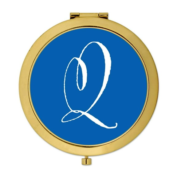 Koyal Wholesale Gold Compact Mirror Bridesmaid's Wedding Gift, Royal Blue, Monogram Letter Q, 1-Pack