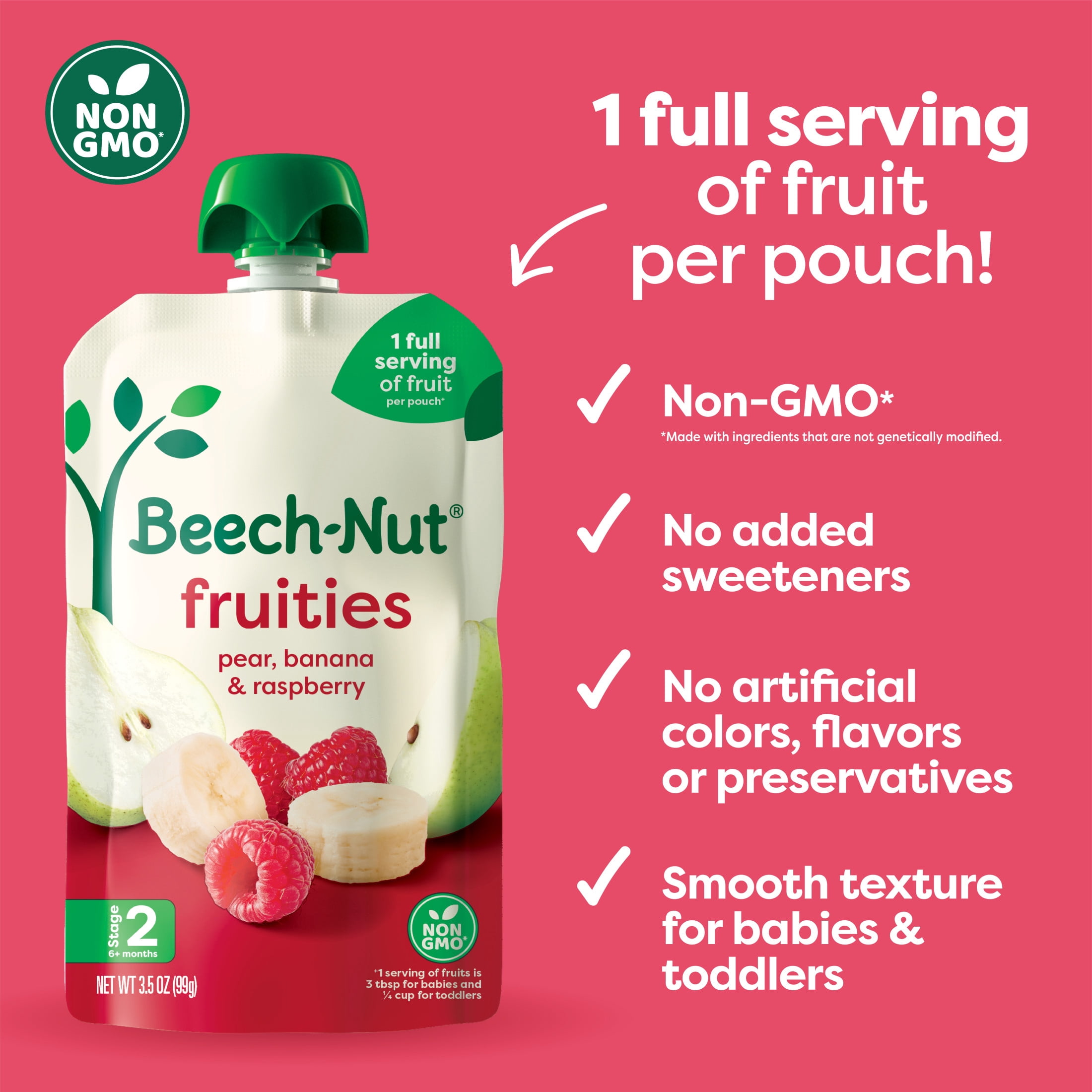 (12 pack) Beech-Nut Baby Food Stage 2 Pear Banana & Raspberry 3.5 oz Pouch