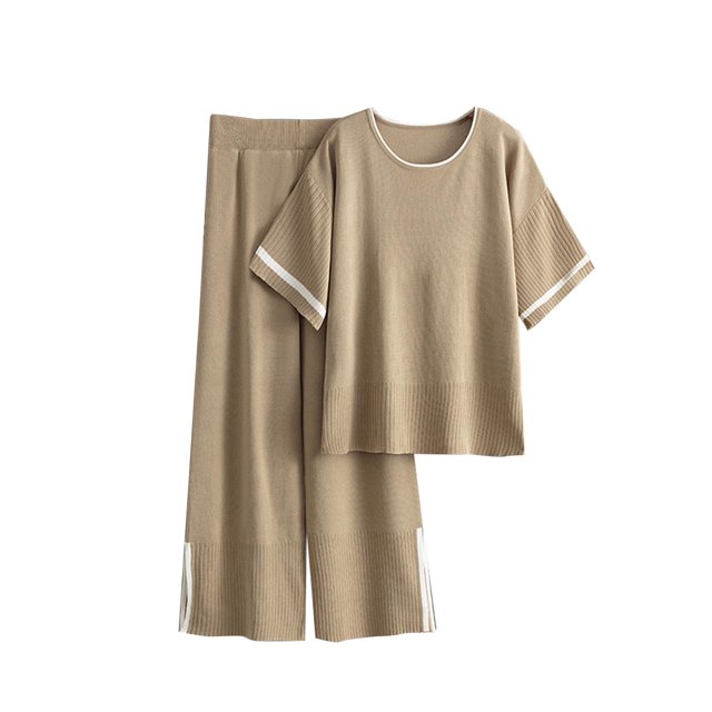 Pisexur Ensemble de Survêtement Tricoté 2 Pcs pour Femmes Mode Décontractée Couleur Unie Ensemble de Détente Manches Courtes Col Rond Chandails en Molleton Pantalons Larges Fendus sur le Côté Survêtements Tenues de Voyage Vacances