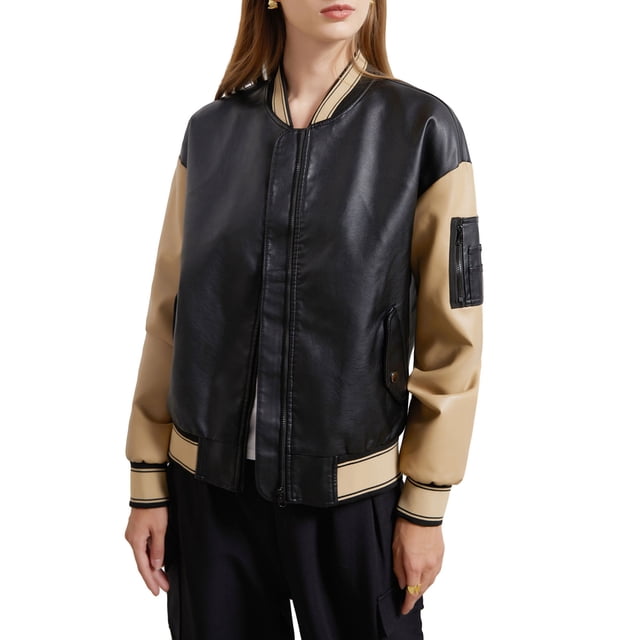 xiaxaixu Women Baseball Jacket, Long Sleeve Baseball Collar Zipper Closure Patchwork Varsity Jacket Fall Clothes with Pockets