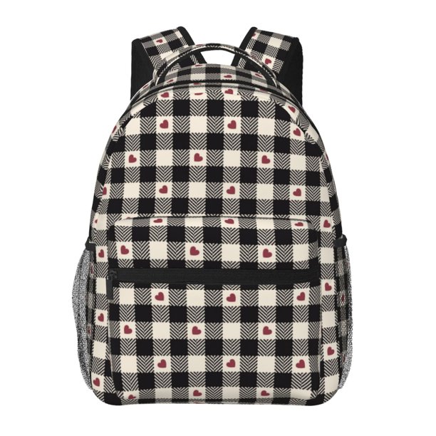 Fotbe Black Plaid Heart Mochila Casual con Estampado para Escuela, Viajes y Actividades al Aire Libre - Duradera, Ligera y Cómoda