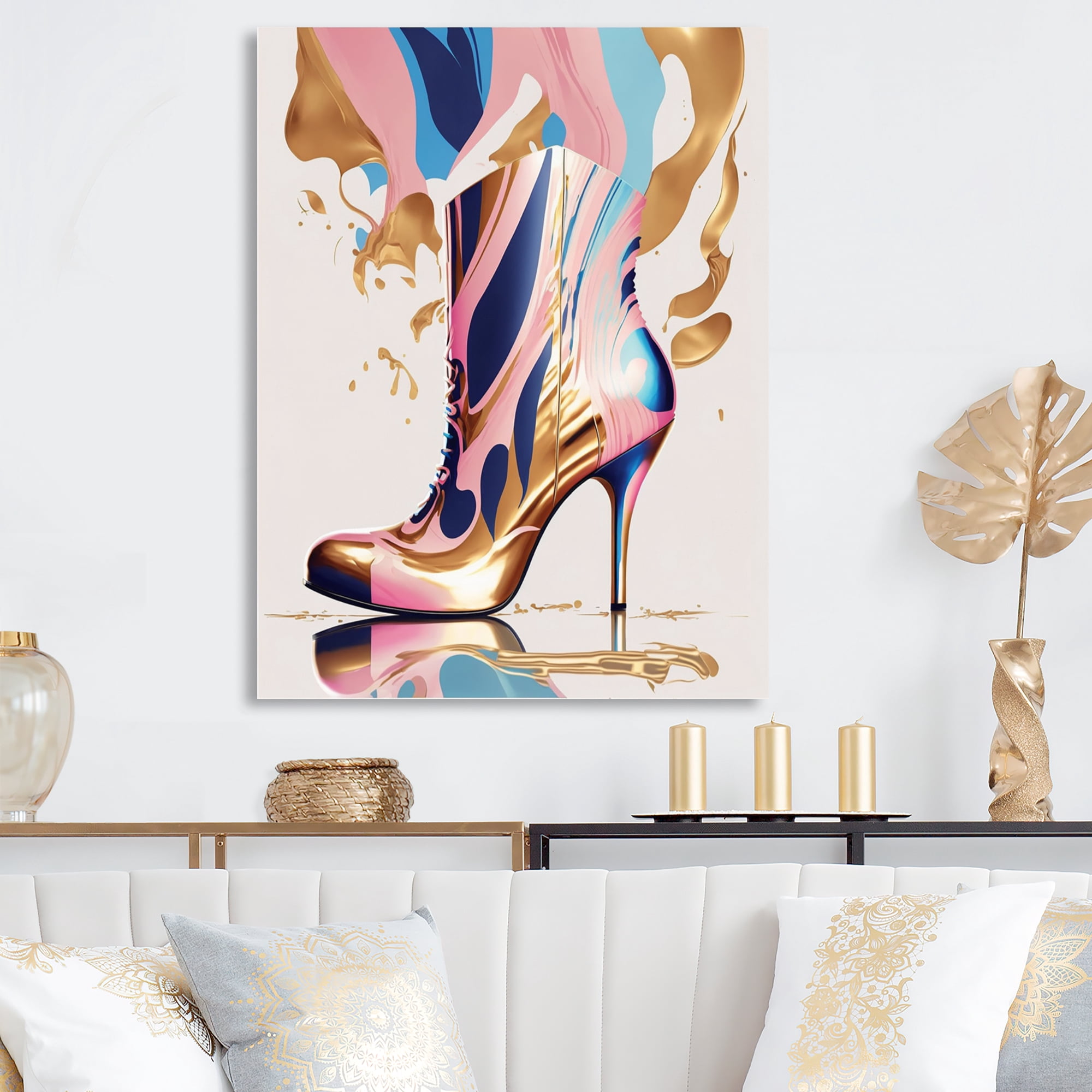 Designart Pink And Blue Art Deco High Heel Boots III Canvas Wall Art