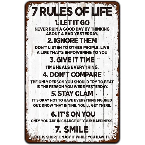 7 Rules of Life Motivational Poster Vintage Metal Sign,Let It Go,Ignore Them Creative Tin Sign Retro Wall Decor for Home Garden Yard Bar Pub Garage Outdoor Man Cave Decor 8 X 12 Inch