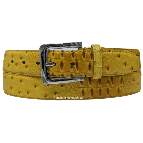 Men Yellow Faux Crocodile Alligator Skin Leather Belt