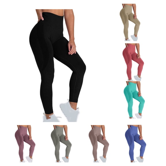 Hrsba Leggings For Women Solid Color Striped High Waisted Stretch Yoga Pants For Running Workout Gym and Daily Casual Wear