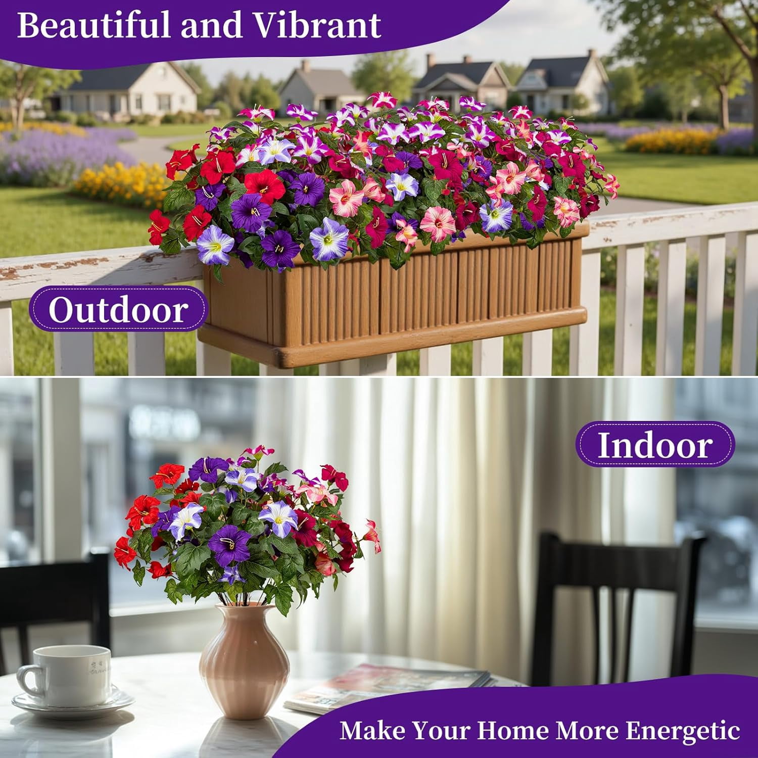 19 Inch Artificial Fake Flowers for Outdoor,4 Pcs Faux Silk Petunias Spring Flowers for Outside for Indoor Porch Planter Front Door Garden Patio Window Box Home Decor(Multiple Color)