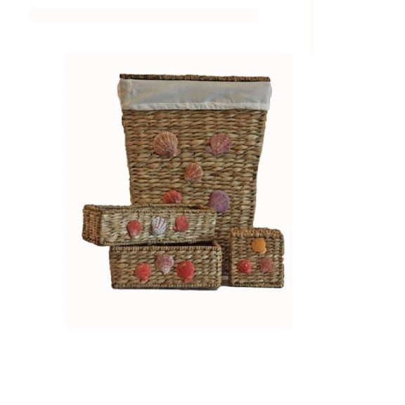 Baum 4-Piece Hamper Set with Multi-Colored Shell Trim, Beige