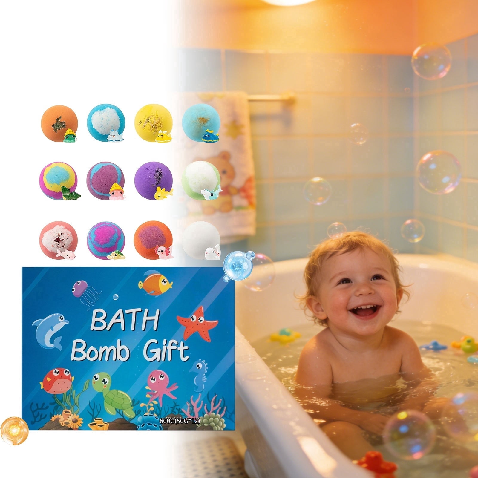 12PCs Ocean Themed Bath Bombs Set With Surprise Inside,Mega Bubble Salt Ball Gift Set With Cute Ocean Ornaments Inside,Natural Ingredient Bath Salt Skin-Friendly Bathing for Family,50g/Per Ball