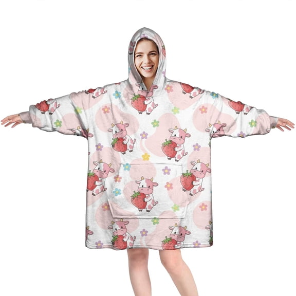 Wearable Oversized Blanket,Pink Cow Strawberry Flower Pattern Wearable Blanket Hoodie for Adults,Cozy Hooded Blankets with Super Pockets,Super Warm Fuzzy Pullover for Women & Men