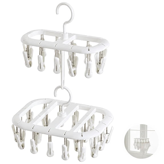 Plastic Sock Hanger with 32 Clips, 2 Pack Stackable Laundry Drying Rack for Underwear, Clothes Airer with Swivel Hook, Portable Small Item Organizer for Bathroom Balcony Daily Use