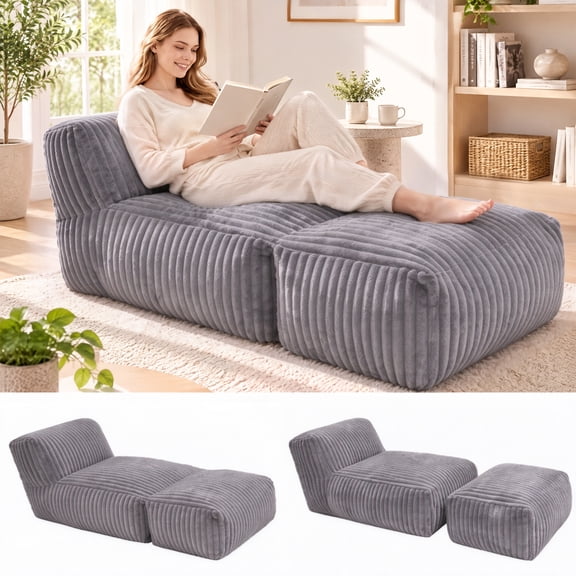 LaoGeoRon Bean Bag Chairs, 2-in-1 Convertible Bean Bag Lounger, Memory Foam Bean Bag Chair for Adults with Detachable Ottoman