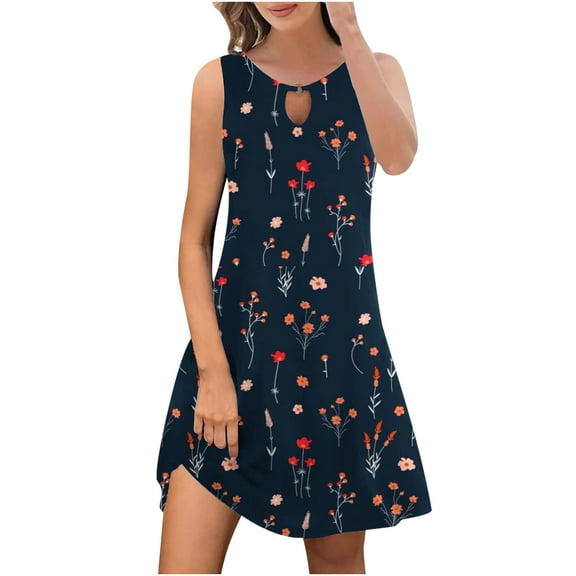 Edvintorg Sundresses for Women 2025 Trendy Fashion Printed Casual Loose Round-Neck Sleeveless Tank Dress Beach Dress for Women Navy S