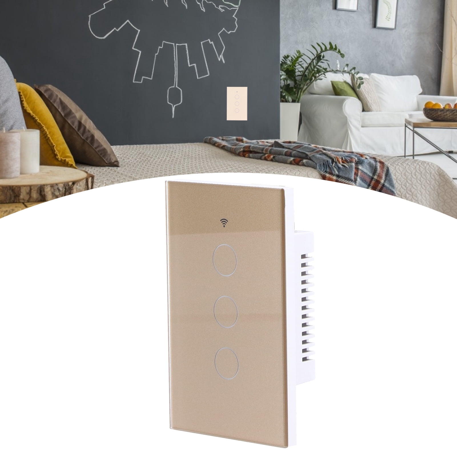 BIMZUC Intelligent Light Touch Switch Remote Control 3 Gang American Type Zigbee Home Automation Wall Switch Panel 100-240V Gold (15 cm / 5.91 inches)