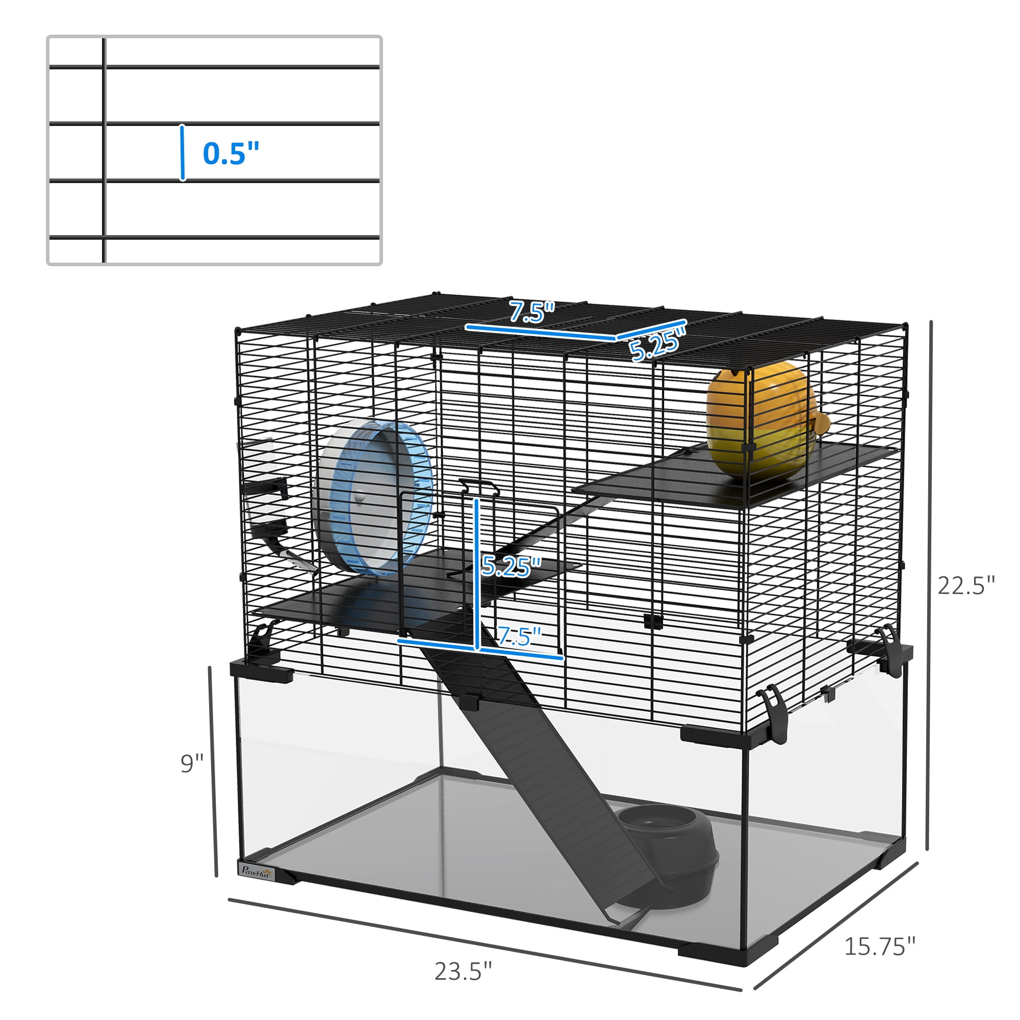 PawHut 23.5" Hamster Cage, Gerbil Cage with Glass Basin for Small Hamsters