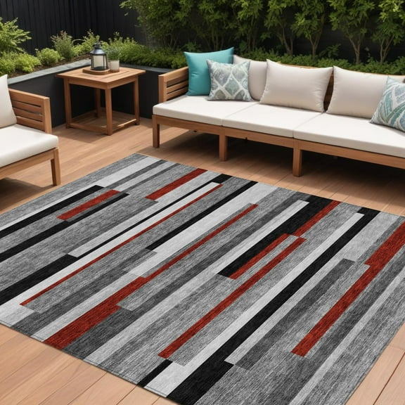 HomeRoots 613275 8 x 10 ft. Gray, Black & Red Striped Washable Indoor & Outdoor Rectangle Area Rug