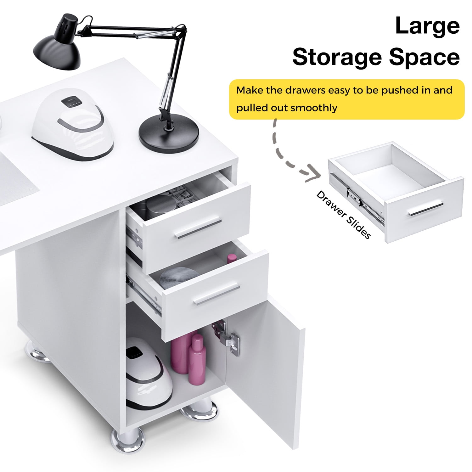 ADVWIN Manicure Table with Dust Collector, Nail Tech Desk for Beauty Salon, Nail Station with Wrist Cushion, Drawers, Shelves, and Storage Cabinet