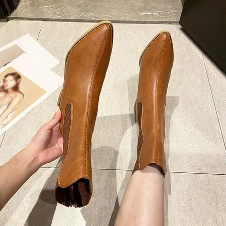 

Cathalem Sock Boots for Women Heels Wide Calf Low Fashion Women Artificial Leather Solid Color Autumn Thick Sole Square Heels Shoes Brown 8