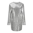 thumbnail image 5 of Odeerbi Solid Color Sequin Dress for Women 2025 Long Sleeve Round Neck Solid Color Sequin Fashion Fallow Commuting Dresses Silver, 5 of 6