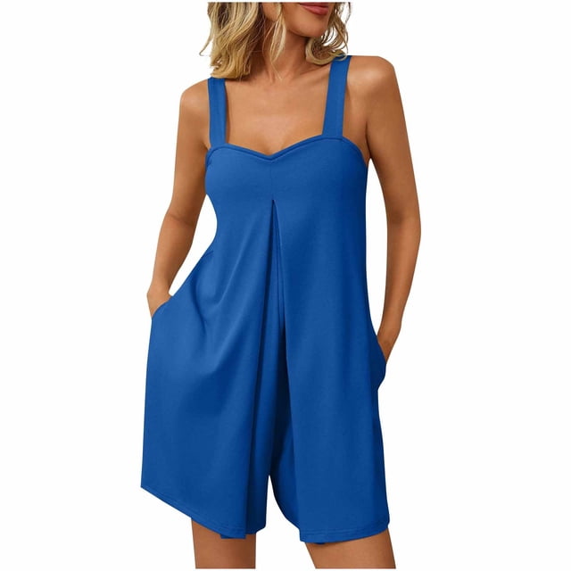 Timegard Jumpsuit for Women Ruched Square Neck Sleeveless Short Rompers Casual Loose Outfits Fashion