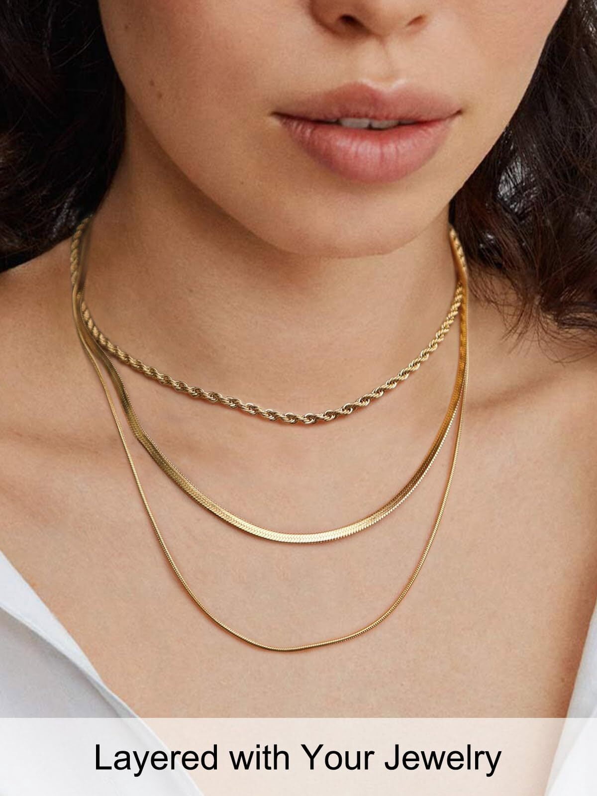 FOCALOOK Flat Snake Chain for Women Stainless Steel Gold Plated Herringbone Choker Necklace Jewelry Birthday Christmas Valentine's Day Gifts 3MM 18 Inches