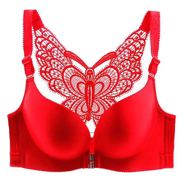 JUNWELL Women‘s Sexy Plus Size Wire Free Bra Solid ColorPush Up Front Close Butterfly Backless Breathable Lingerie
