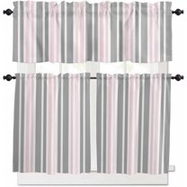 Blue Grey Stripes Kitchen Curtains, Simple Striped Lines Minimalist Modern 3-Piece Kitchen Curtain Valance and Tiers Set 36 Inch Length, Rod Pocket Half Window Curtains for Cafe Living Room Bathroom