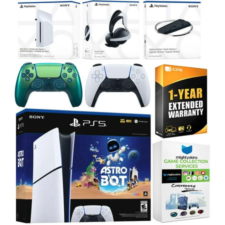 Sony PlayStation 5 Astro Bot Slim Digital Bundle with Disc Drive, Pulse Elite Headset, Extra Controller, Vertical Stand, MightySkins Game Collection Services and 1 Year Extended Warranty - Chroma Teal