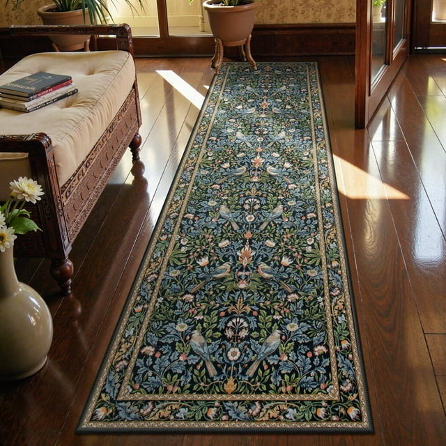 Alfombra para pasillo Morebes Boho Floral, 2,5 m x 2,4 m, azul marino