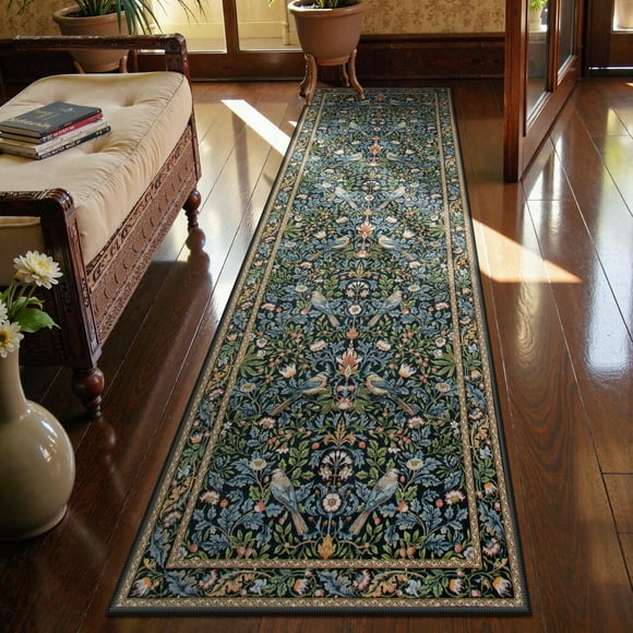 Alfombra para pasillo Morebes Boho Floral, 2,5 m x 2,4 m, azul marino