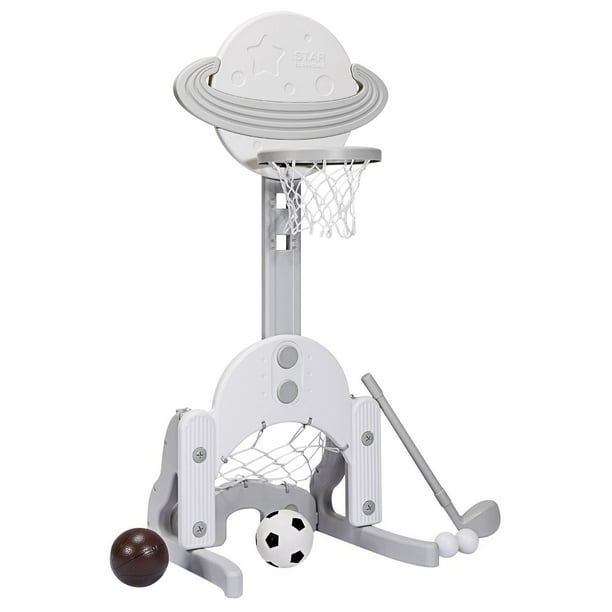 Costway Canasta de Baloncesto con Pelota de Baloncesto Futbol y de Golf Altura Regulable para Niños Blanco y Gris 57 x 57 x 111-151 cm