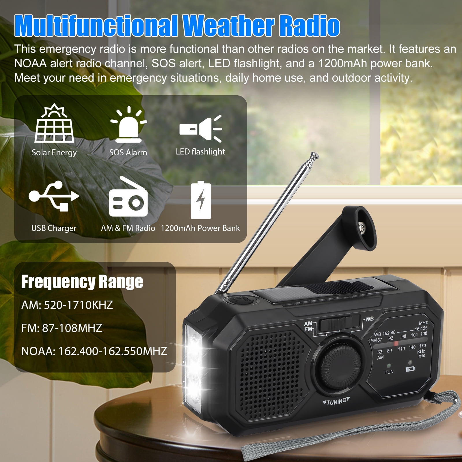 NOAA Weather Radio, Weather Radio NOAA Alert with LED Flashlight, 1200mAh Power Bank, SOS Alarm, FM AM SW Emergency Solar Hand Crank Radio for Camping, Hiking, Traveling