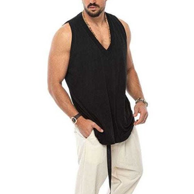 MAWCLOS Mens Tank Tops Sleeveless Tee V Neck T-shirt Plain Running Solid Color Muscle Shirts Black L