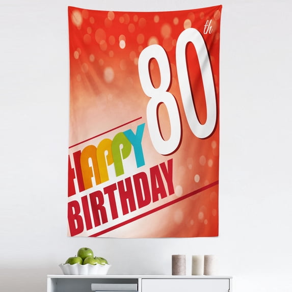 Abstract Tapestry, 80 Wise Age Colorful Birthday Party with Abstract Background, Fabric Wall Hanging Decor for Bedroom Living Room Dorm, 5 Sizes, Red Vermilion and White, by Ambesonne