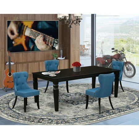 HomeStock Country Cottage Furniture - A Wooden Dining Table Set f 4 Fantastic- Dining Chairs With Fabric Mineral Blue Color And A Gorgeous 18 Butterfly Leaf Rectangle Dining Table