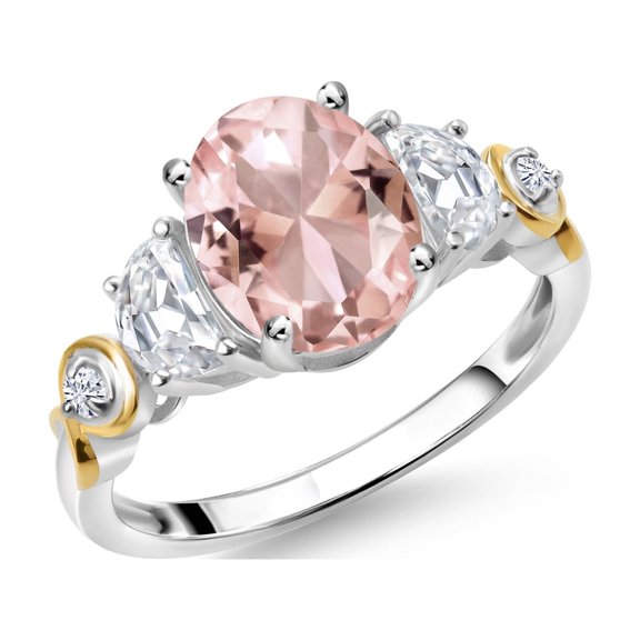 Gem Stone King 925 Silver and 10K Yellow Gold 3-Stone Ring Oval Peach Nano Morganite and Moissanite (2.50 Cttw, Size 9)