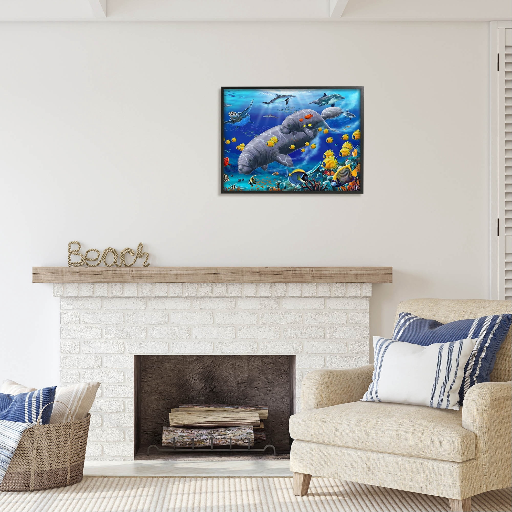 Stupell Industries Manatees & Fish Swimming Coastal Painting Black Framed Art Print Wall Art