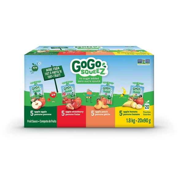 GoGo squeeZ Fruit Sauce Variety Pack, Apple, Strawberry, Peach, Banana, No Sugar Added. 90g per pouch, Pack of 20, 1.8kg