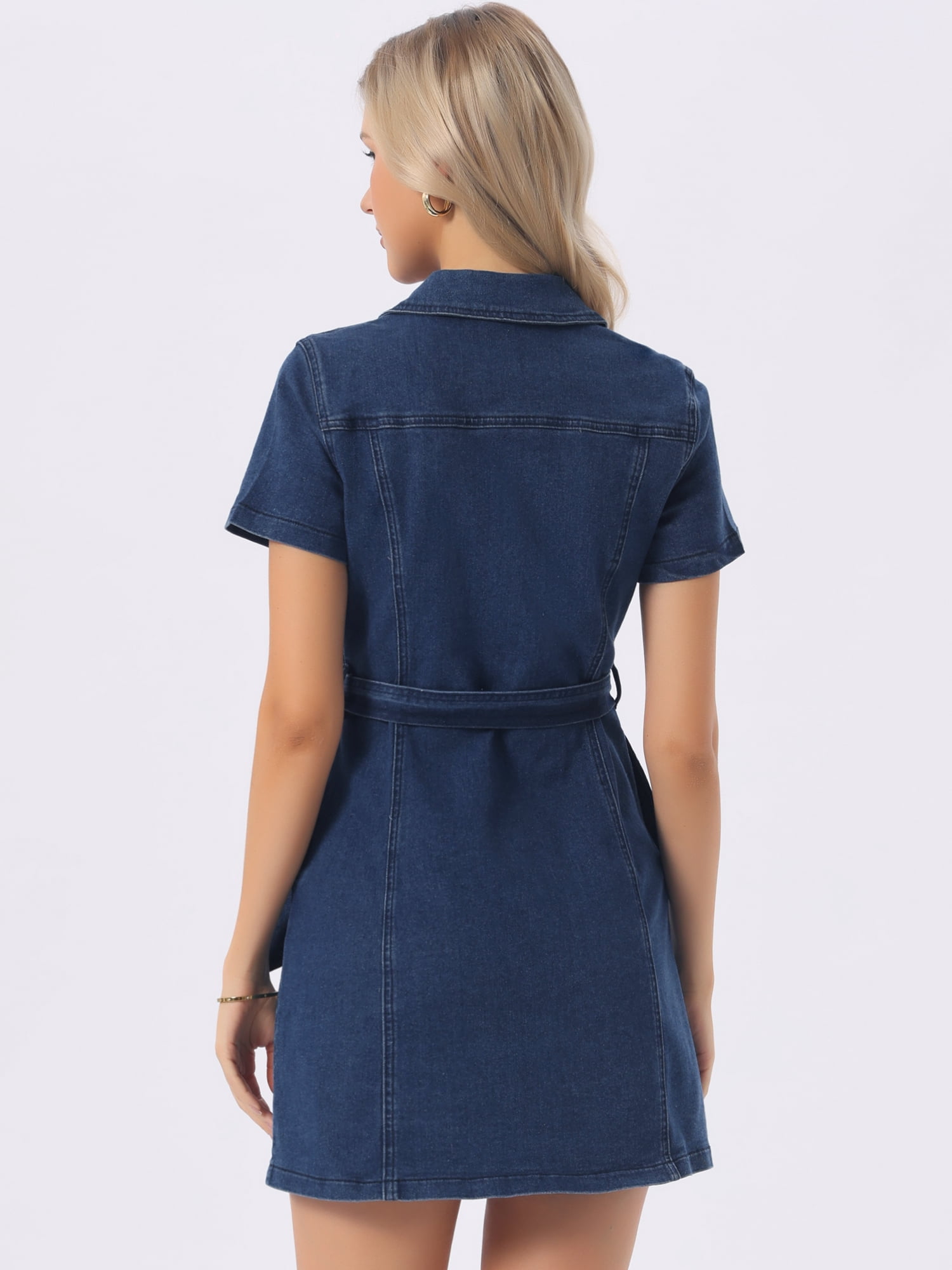 DARING DIVA Women's Denim Dress Button Down Short Sleeve Dresses XS Deep Blue