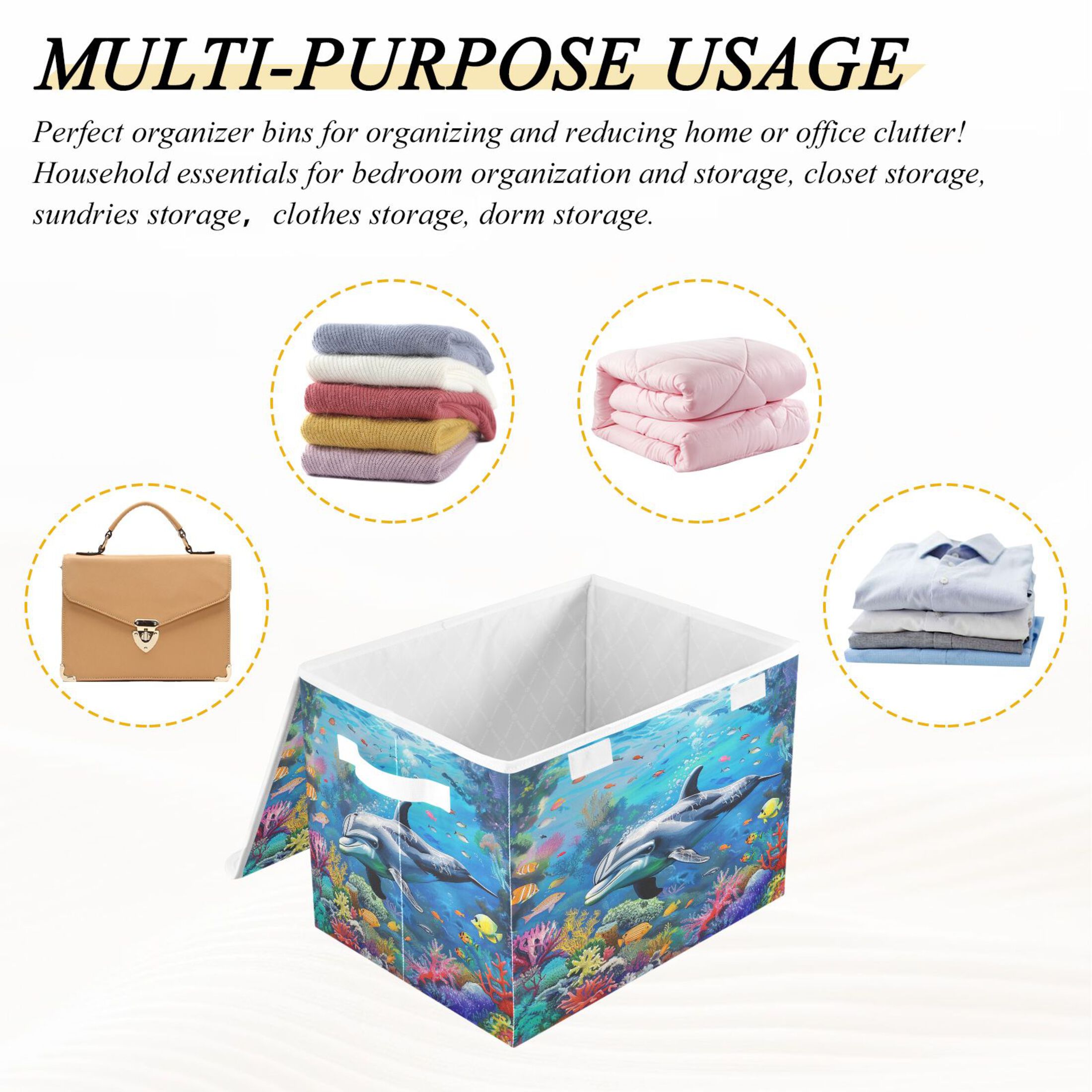 Ryvnso Dolphin and Fish under Sea Large Lidded Foldable Storage Baskets Cubes Boxes Lids Bin for Home