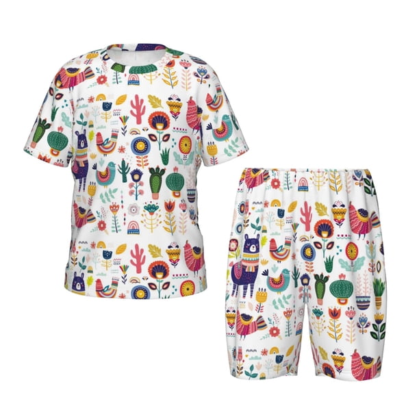 Balery Alpaca Flower Conjunto de Pijama Infantil de Manga Corta con Estampado – Ropa de Dormir de Algodón Suave-XX-Large