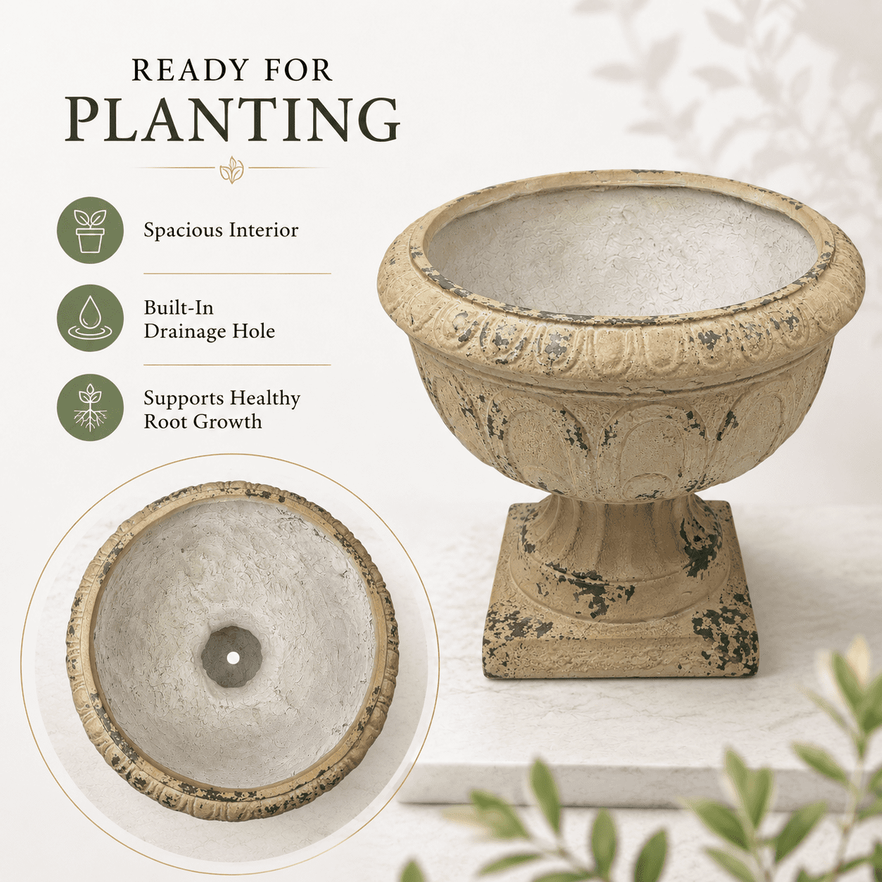 Aukfa Large MGO Garden Urn Planter, Outdoor Tall Decorative Stone-Look Flower Pot with Drainage Hole & Weather-Resistant, White