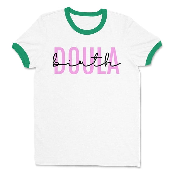 Birth Doula Ringer Tee Shirt Unisex Large White/Kelly Green